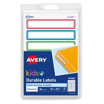 Avery Durable Labels for Kids' Gear, Permanent Adhesive, Handwrite Only, Assorted, 3-1/2" x 5/8", 35 Labels (41440)