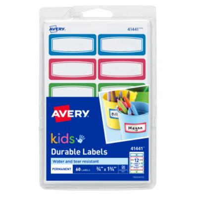 Avery Kids Durable Labels, Permanent Adhesive, Assorted Border Colors, Handwrite, 3/4" x 1-3/4", 60 Labels (41441)