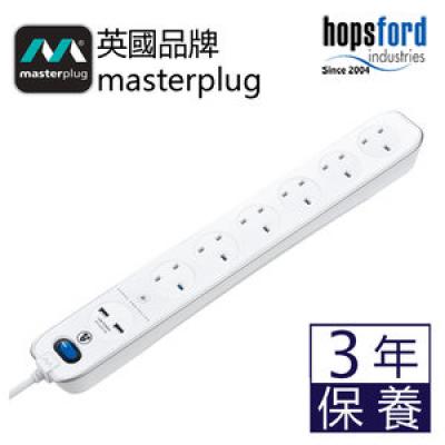 英國Masterplug SRGLSU63PW2位 USB 3.1A及6位X13A防雷拖板-白色(3M)