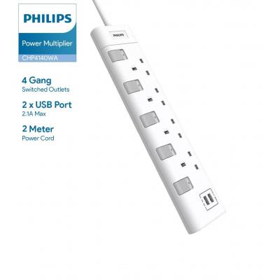 Philips CHP4140WB/68  4位獨立開關+USB2.4A x2 拖板(3米線長)