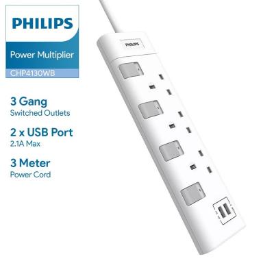 Philips CHP4130WB/68  3位獨立開關+USB2.1A x2 拖板(3米線長)