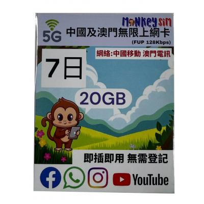 (6日無限) Monkey Sim 5G-20GB 中國及澳門上網卡