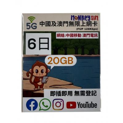 (6日無限) Monkey Sim 5G-20GB 中國及澳門上網卡