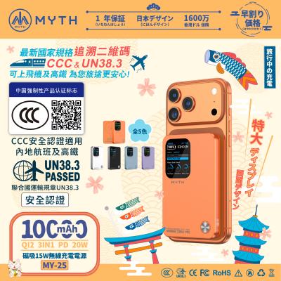Myth MY25 3合1 PD20W Q12移動電源10000mAh(磁吸15W,1.8寸特大TFT顯示屏)(3C可追溯二維碼)